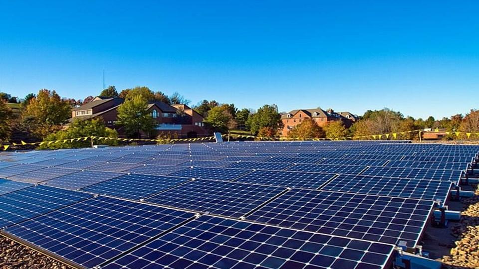 A large solar panel installation with rows of solar panels on a sunny day. Colorful trees and residential buildings are visible in the background under a clear blue sky.