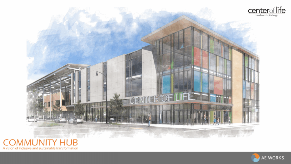A conceptual illustration of the Center of Life, a modern community hub with large glass windows and colorful panels. The image features a landscaped area in front, highlighting a vision for inclusive and sustainable transformation.